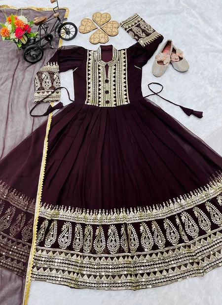 OC 196 Heavy Faux Georgette With Embroidery Siqunce Work Gown With Dupatta Bulk Orders In India